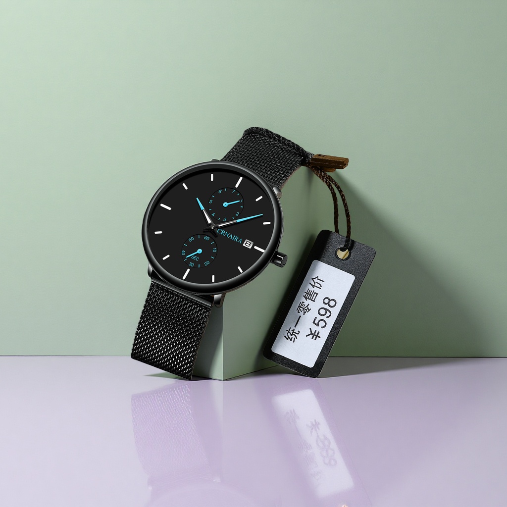 The black dial metal mesh strap watch comes in a beige leather box with a 598 yuan black tag Specification image