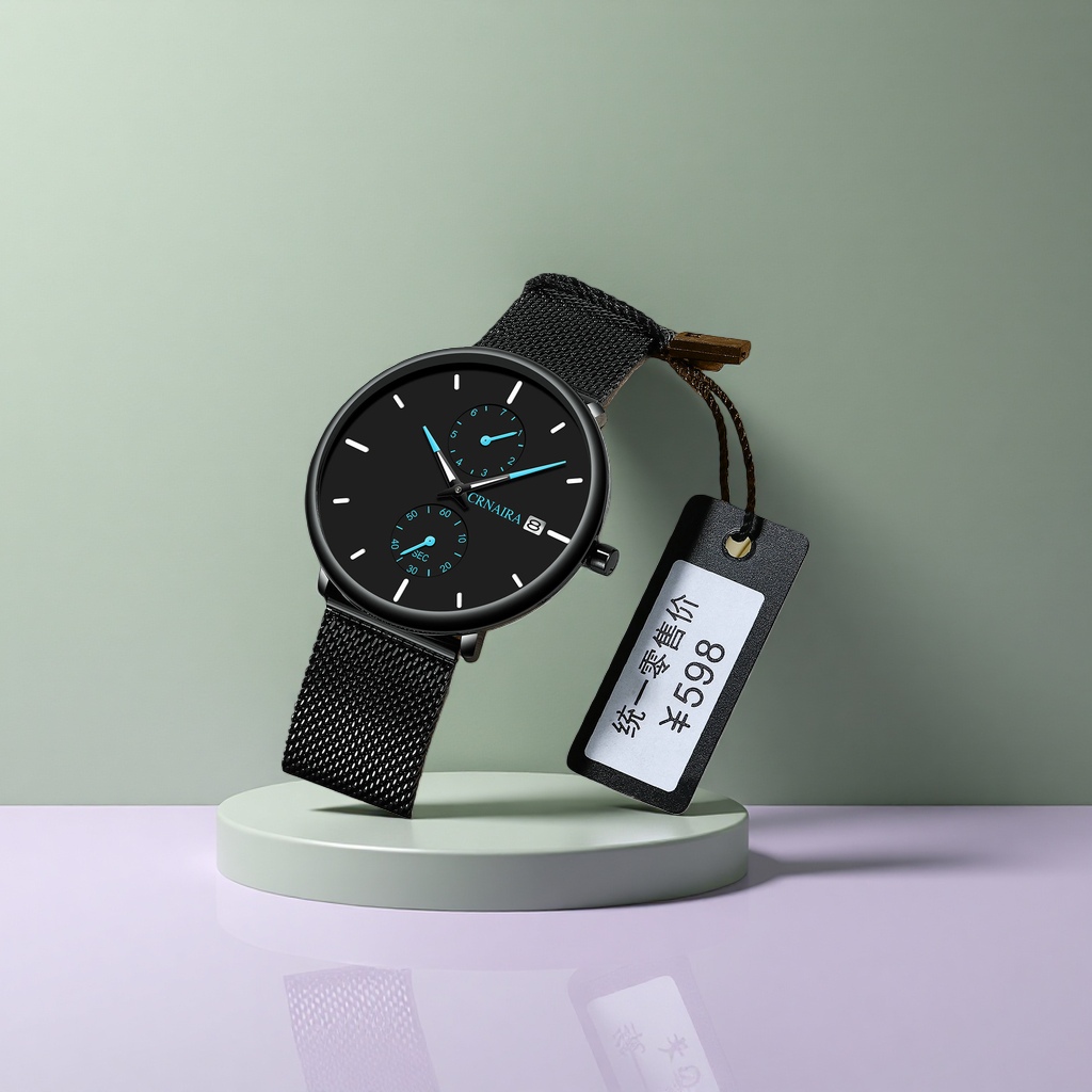 The black dial metal mesh strap watch comes in a beige leather box with a 598 yuan black tag Application Scenario