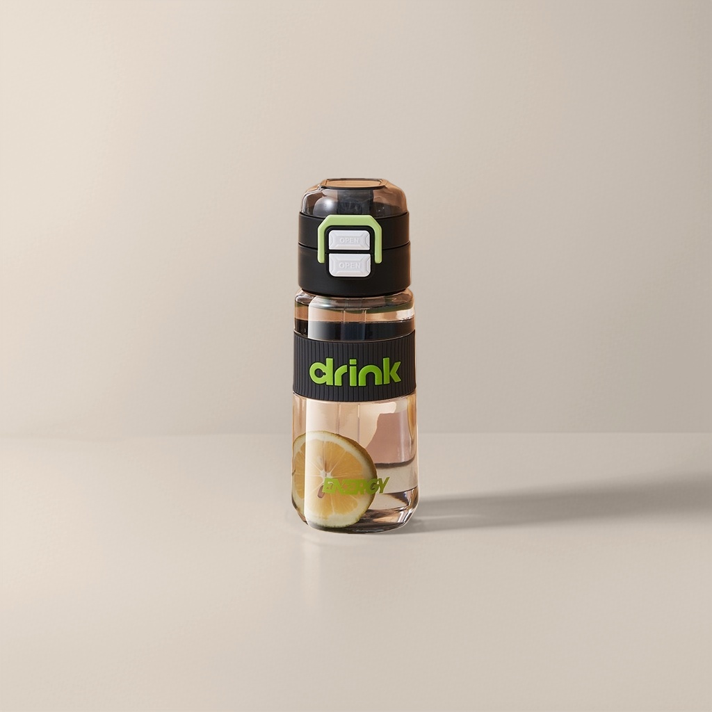 黑色带绿色drink字水杯 杯身透明含柠檬片 黑盖绿按钮