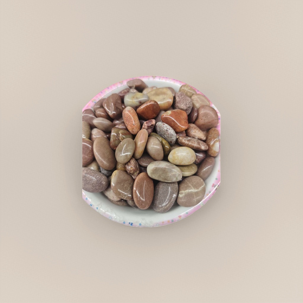 Colorful lace bowls hold various smooth pebble decorative ornaments Specification image