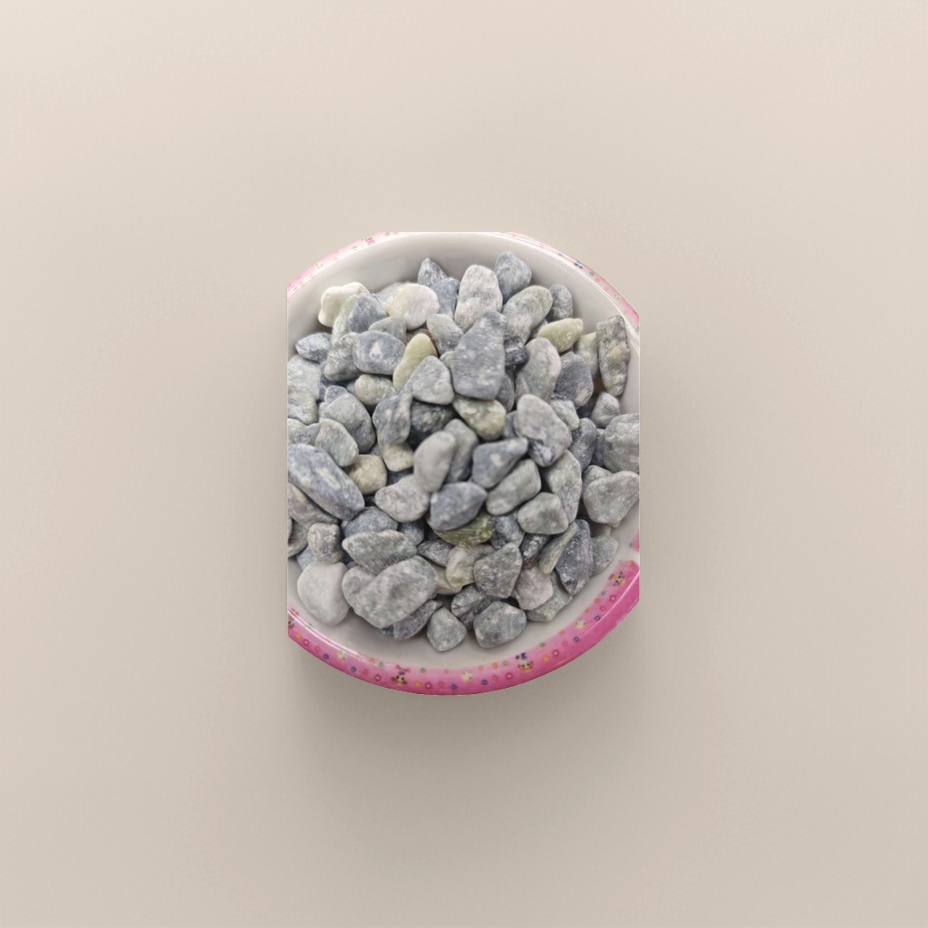 A home decoration piece featuring a ceramic bowl decorated with grey and green pebbles in a colorful lace bowl Specification image