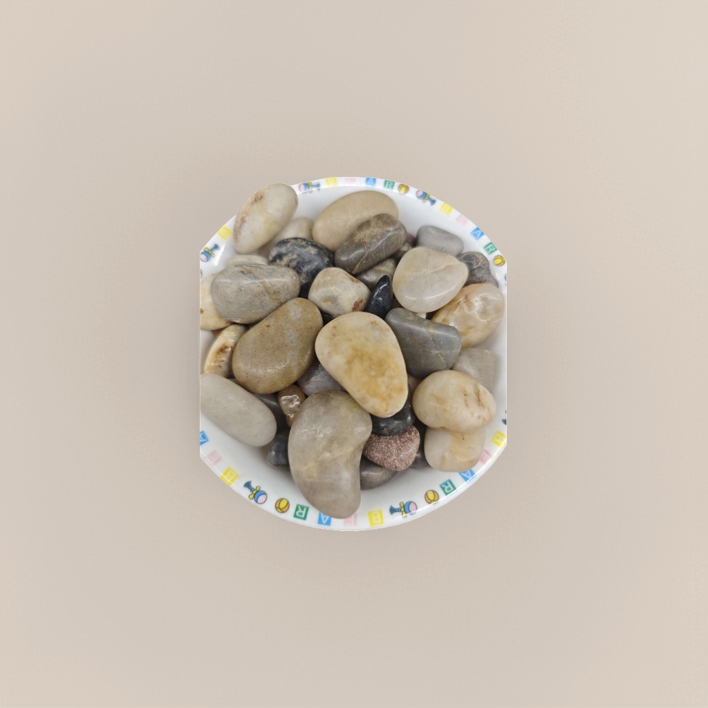 Colorful framed bowls with various colored pebble decorative items for home and garden landscaping