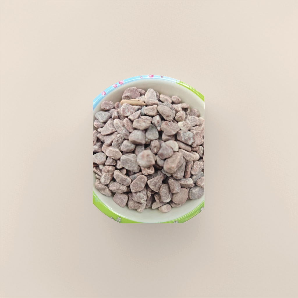 Colorful bowl-shaped decorative items with small purple-red pebbles, home gardening and landscaping materials