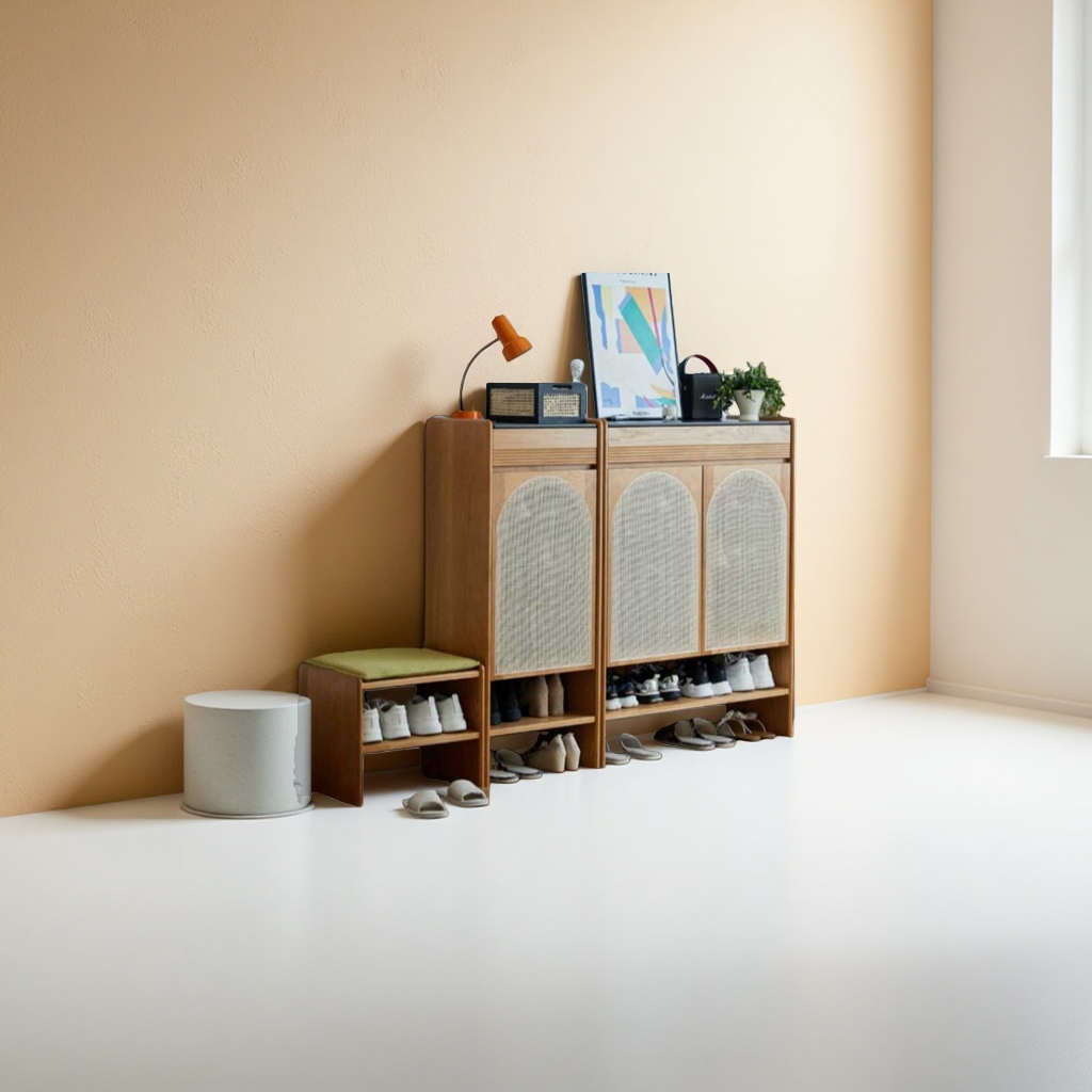 Wooden rattan shoe cabinet, Nordic-style living room entrance storage cabinet, natural, environmentally friendly and simple home Specification image