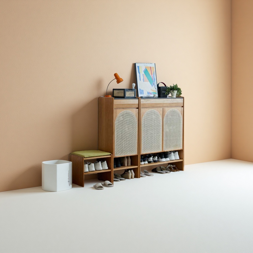 Wooden rattan shoe cabinet, Nordic-style living room entrance storage cabinet, natural, environmentally friendly and simple home