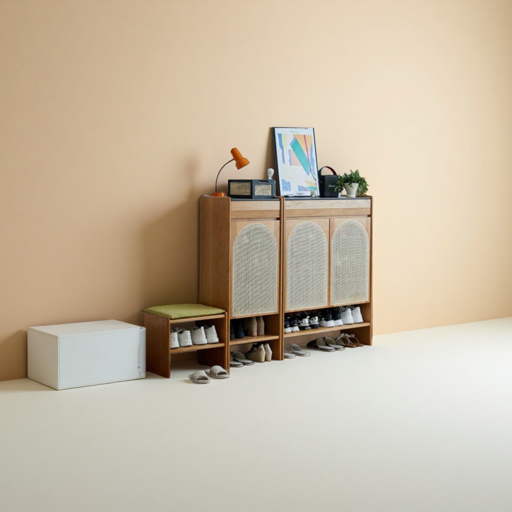 Wooden rattan shoe cabinet, Nordic-style living room entrance storage cabinet, natural, environmentally friendly and simple home details Picture