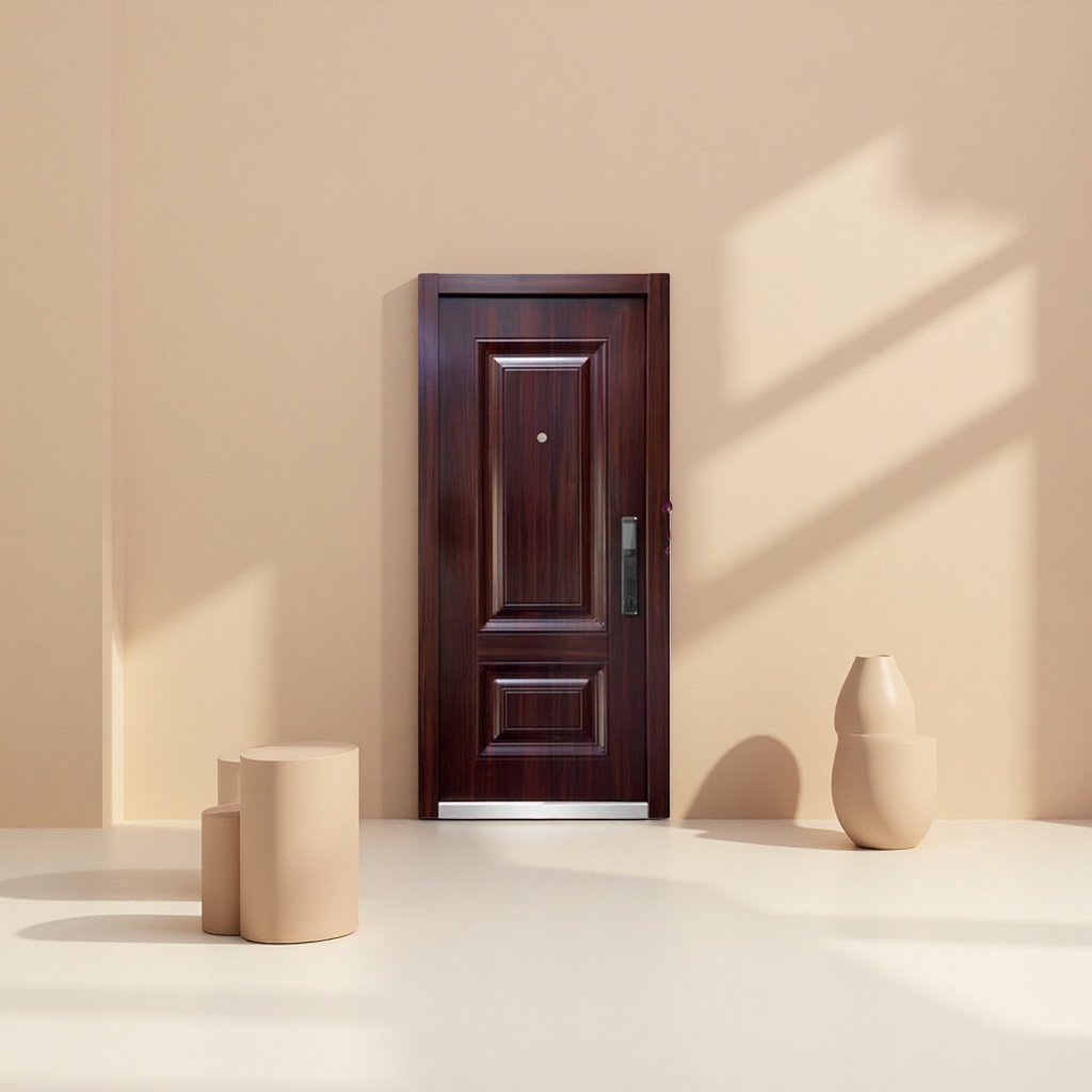 خطوط خشبية بنية داكنة ذات أبواب متينة مقاومة للصوت من باب الدخول Specification image