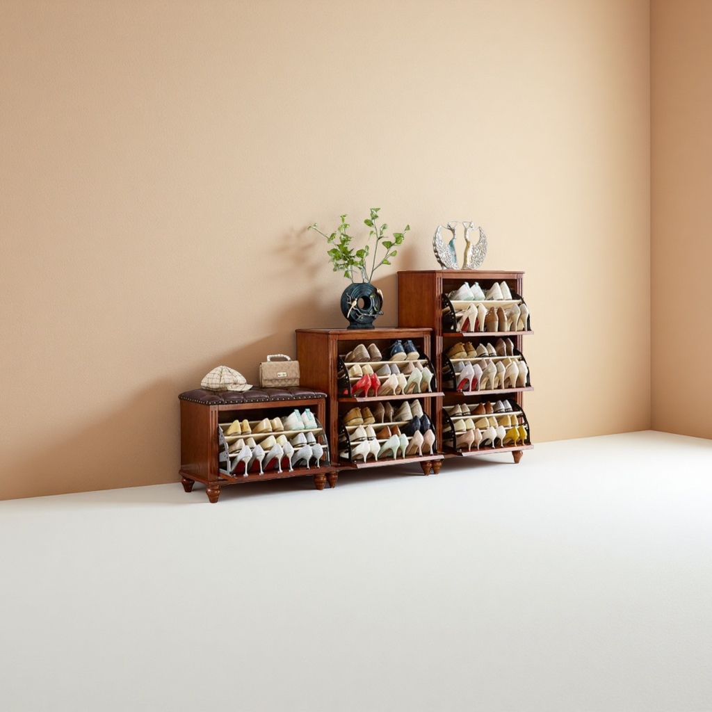 Walnut-colored wooden two-layer flip shoe cabinet, shoe storage cabinet, entrance storage cabinet