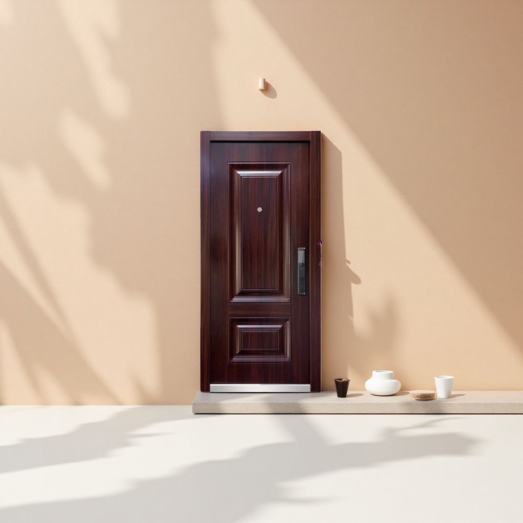 Dark brown wood-grain anti-theft door, security entrance door, anti-prying steel door