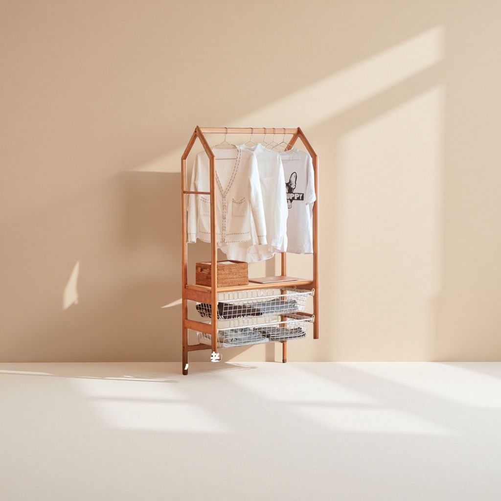 Wooden coat rack with white sweater and white T-shirt, rattan basket, notebook, double-layer metal mesh basket, folding clothes, bedroom bedside wooden cabinet, green plants details Picture