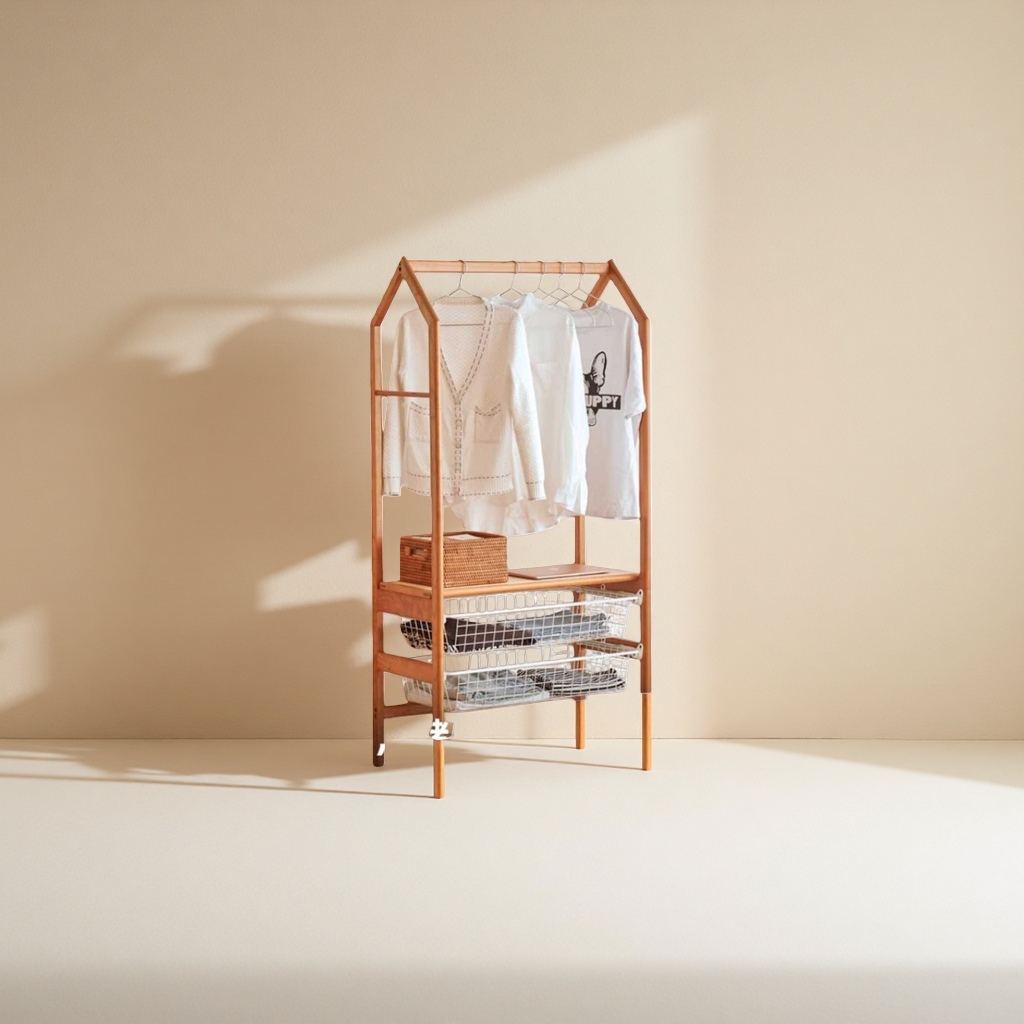 Wooden coat rack with white sweater and white T-shirt, rattan basket, notebook, double-layer metal mesh basket, folding clothes, bedroom bedside wooden cabinet, green plants Specification image