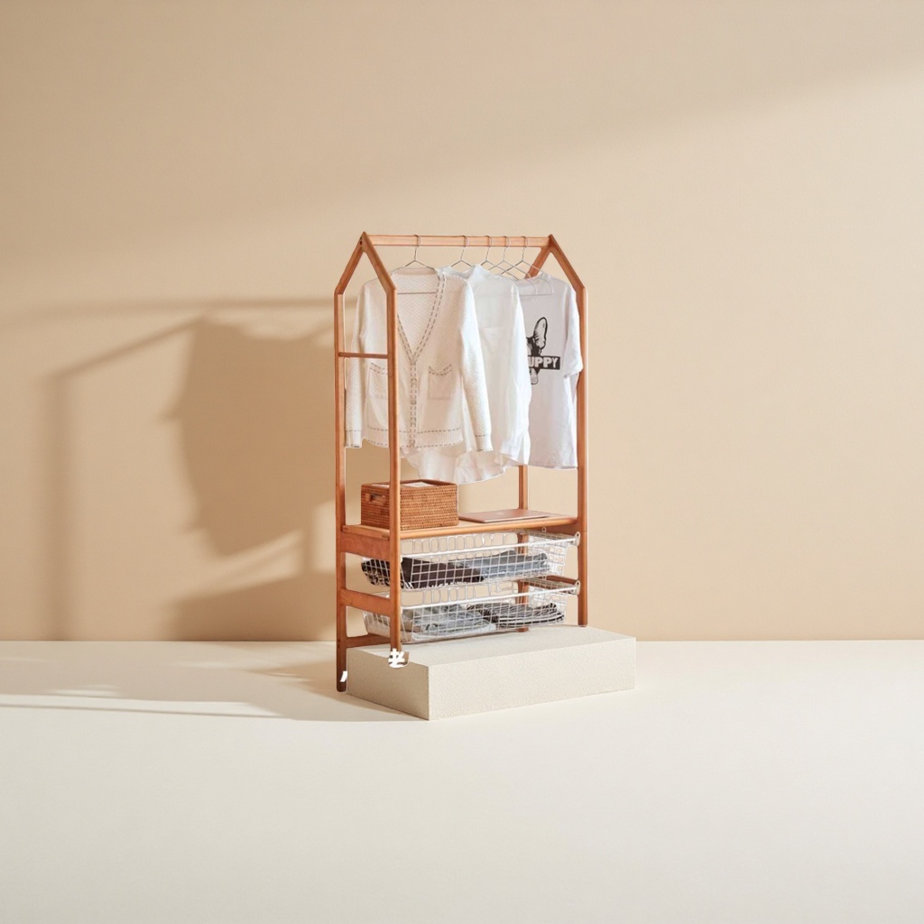 Wooden coat rack with white sweater and white T-shirt, rattan basket, notebook, double-layer metal mesh basket, folding clothes, bedroom bedside wooden cabinet, green plants Application Scenario