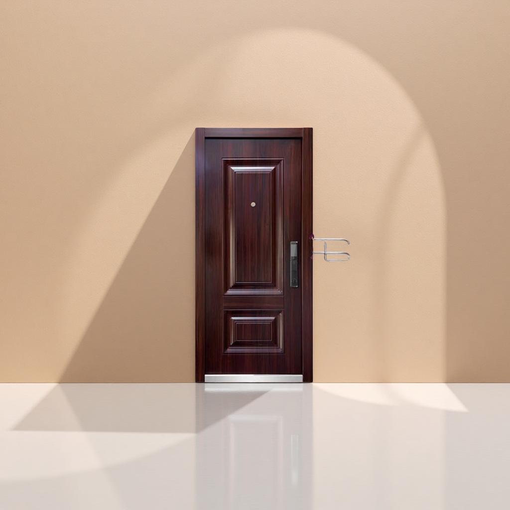 Dark brown wood-grain anti-theft door, steel composite structure household entrance security door Application Scenario