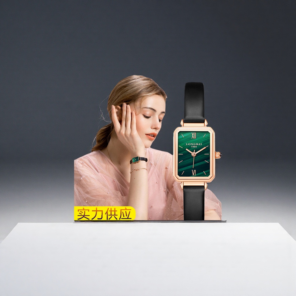 A ladies' watch with a green dial, rose gold frame and black genuine leather strap Specification image