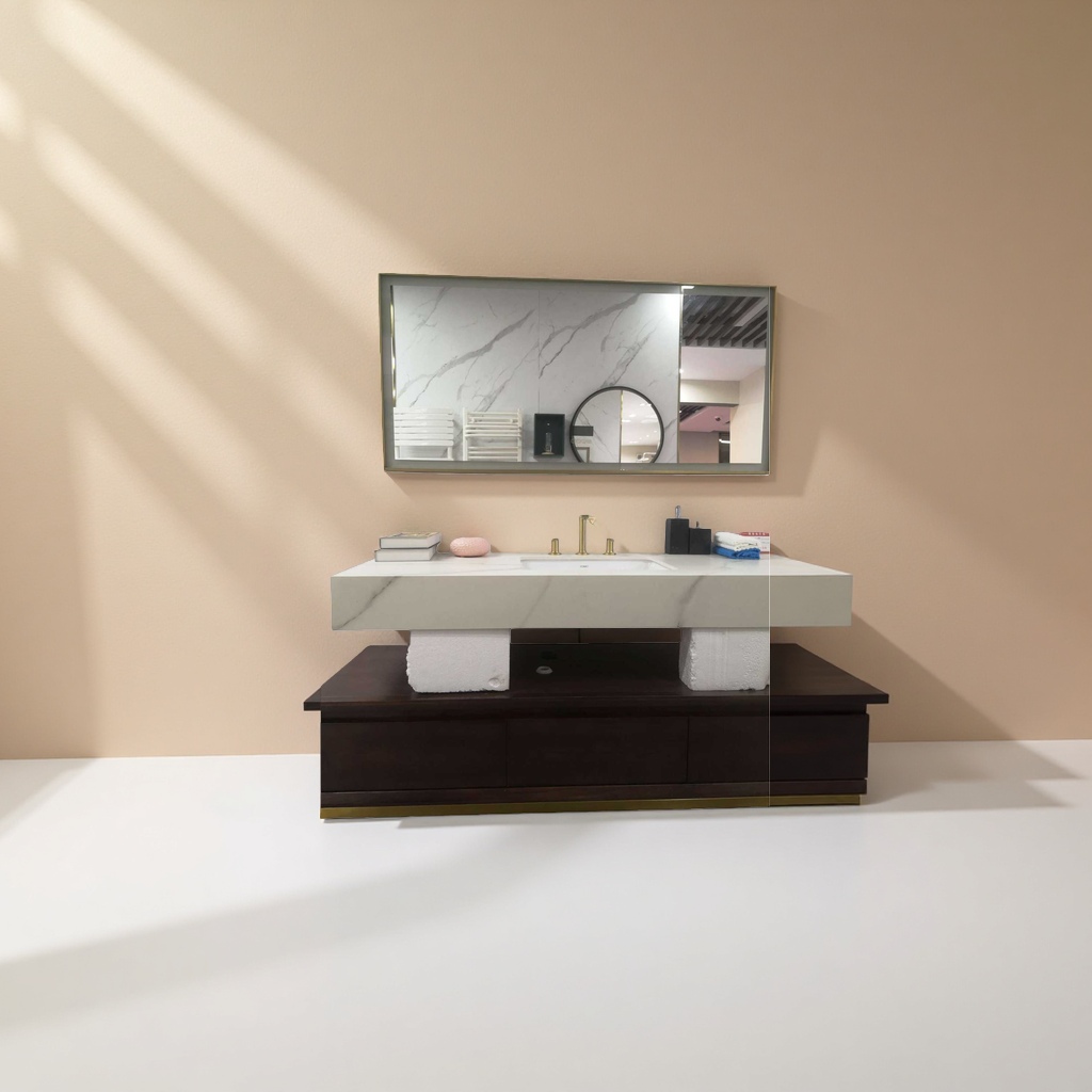 A modern and simple bathroom cabinet with a white marble countertop, a washbasin and an integrated ceramic basin Specification image