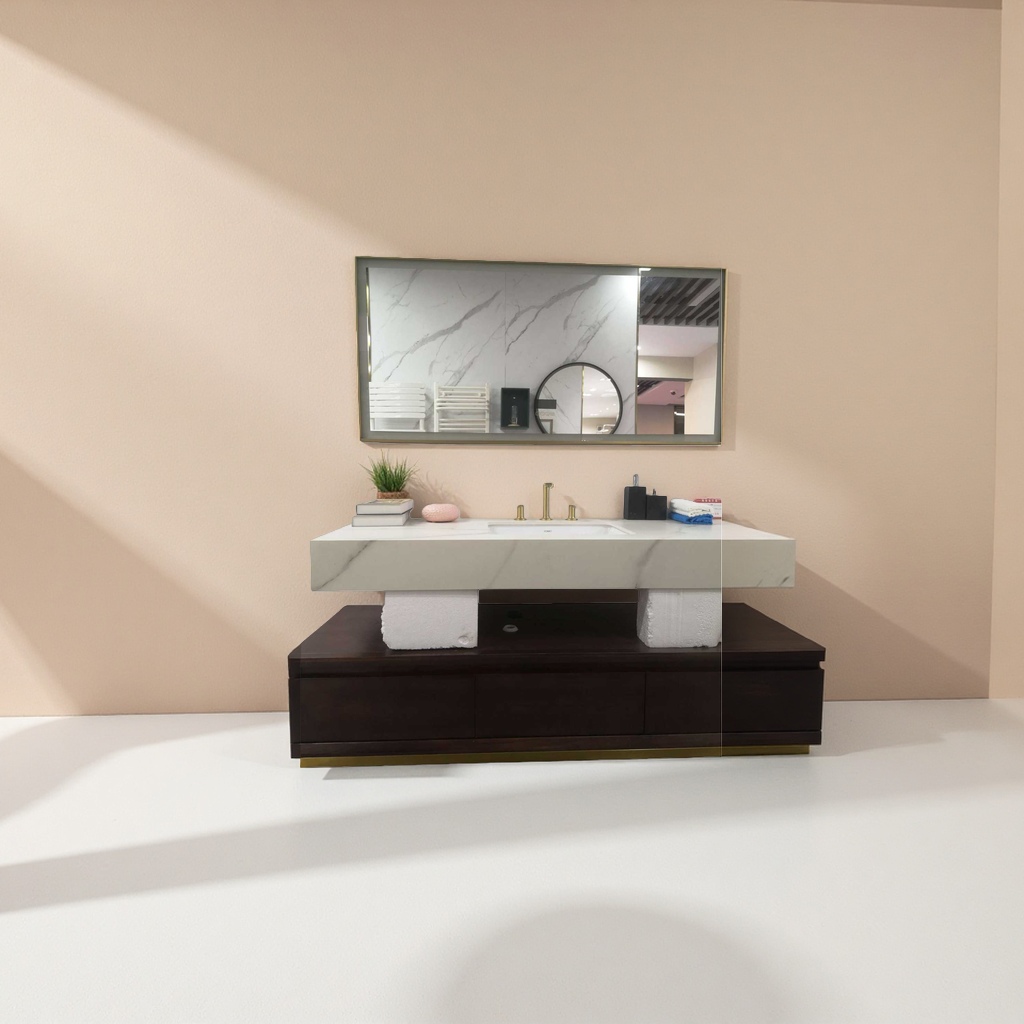 A modern and simple bathroom cabinet with a white marble countertop, a washbasin and an integrated ceramic basin Application Scenario
