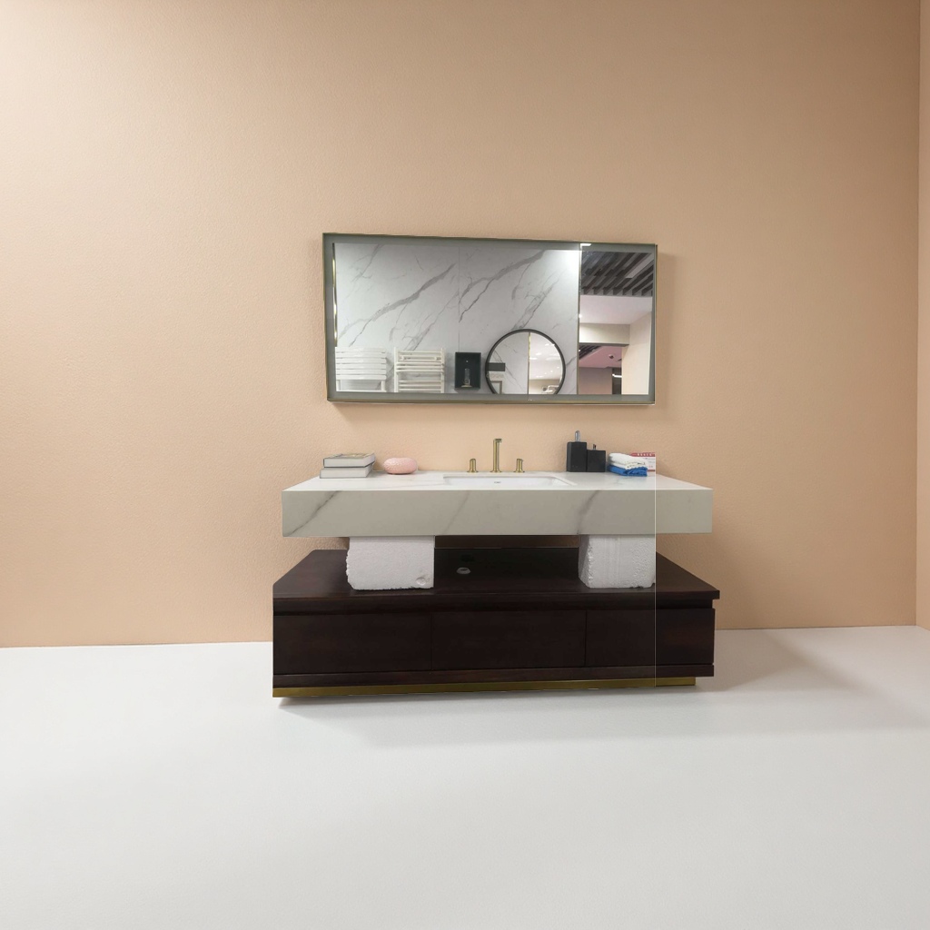 A modern and simple bathroom cabinet with a white marble countertop, a washbasin and an integrated ceramic basin A modern and simple bathroom cabinet with a white marble countertop, a washbasin and an integrated ceramic basin
