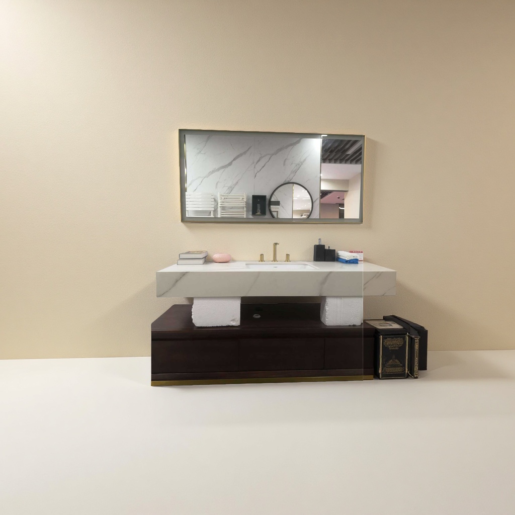 A modern and simple bathroom cabinet with a white marble countertop, a washbasin and an integrated ceramic basin details Picture