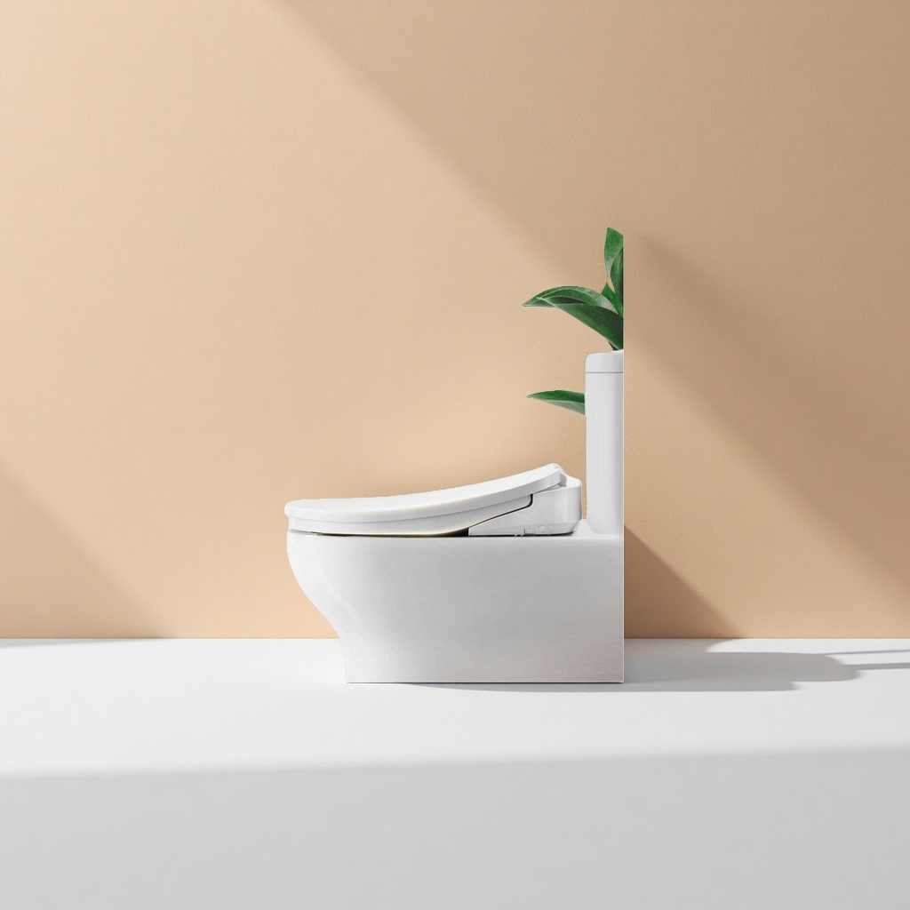 The white smart toilet seat cover with a constant temperature seat ring and a slowly lowering cover plate features an instant hot cleaning design without a water tank The white smart toilet seat cover with a constant temperature seat ring and a slowly lowering cover plate features an instant hot cleaning design without a water tank
