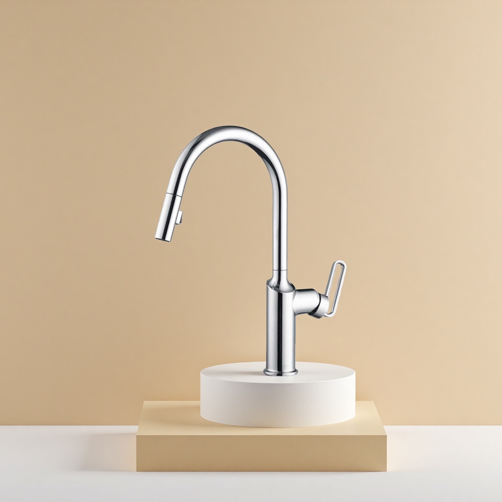 The silver pull-out faucet in the kitchen can be rotated and lifted to drain the water details Picture
