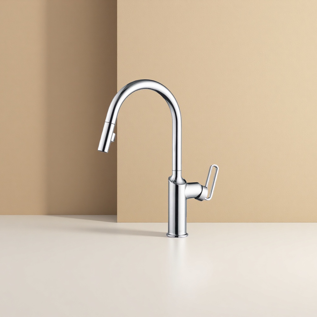 The silver pull-out faucet in the kitchen can be rotated and lifted to drain the water Specification image