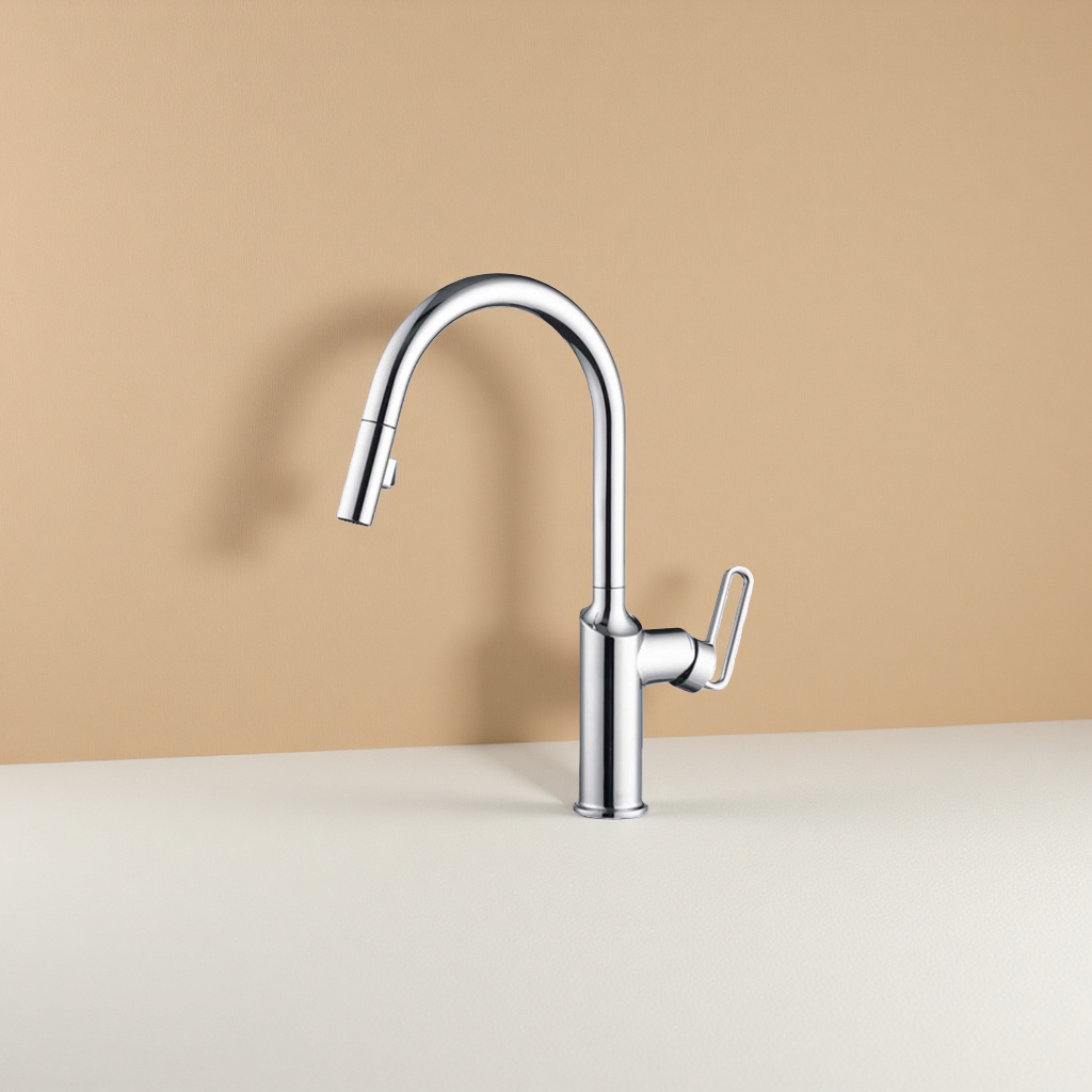The silver pull-out faucet in the kitchen can be rotated and lifted to drain the water The silver pull-out faucet in the kitchen can be rotated and lifted to drain the water