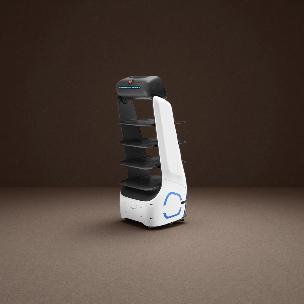 Black and white striped food delivery robot intelligent catering service equipment