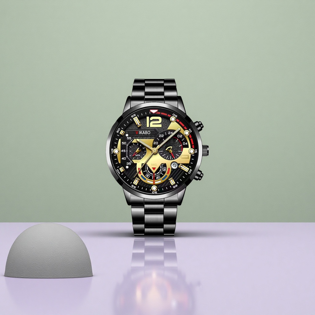 Black metal strap chronograph men's business and casual waterproof luminous quartz watch details Picture