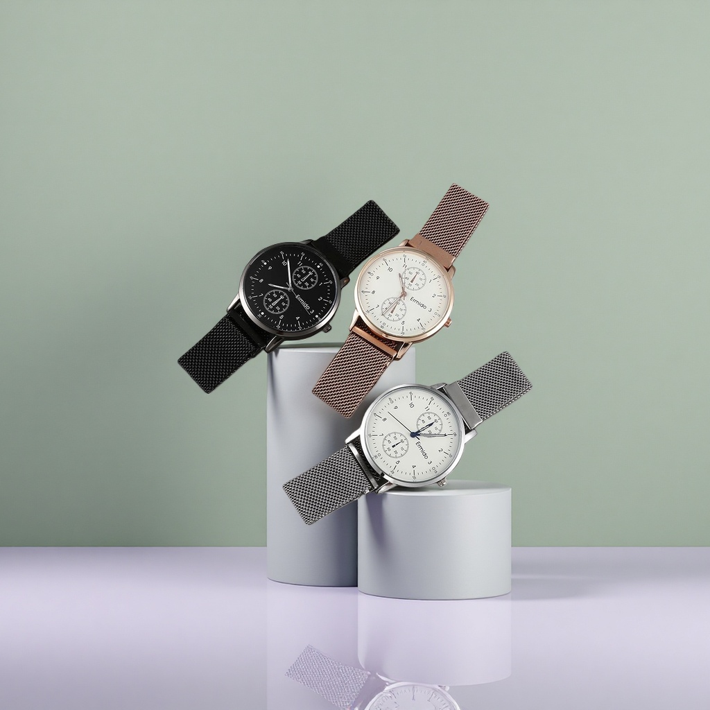 Three fashionable and versatile metal mesh strap watches for both women and men, which are light luxury timepieces Specification image