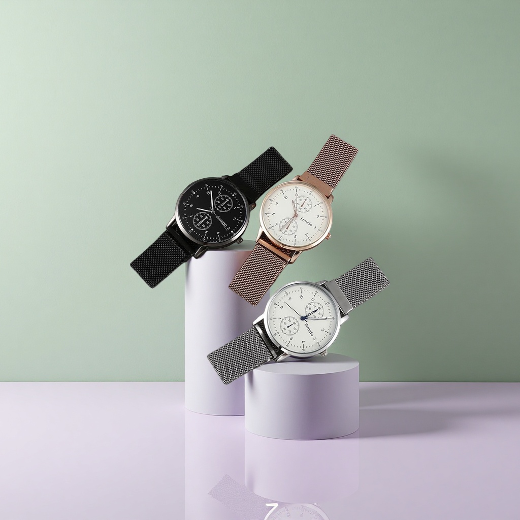 Three fashionable and versatile metal mesh strap watches for both women and men, which are light luxury timepieces details Picture