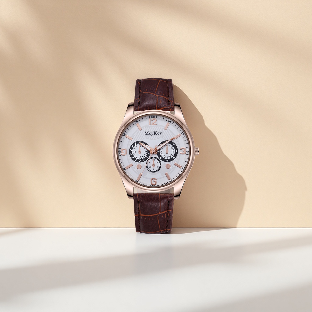Men's watch with brown leather strap, rose gold case and white dial Specification image