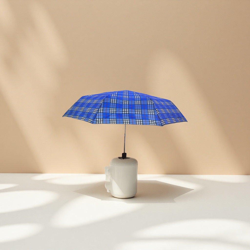 蓝色格子晴雨两用伞 防水防晒便携折叠长柄