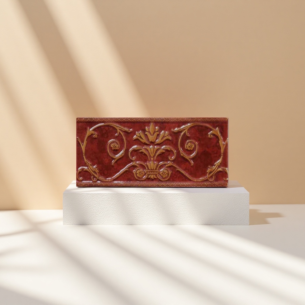 Red embossed flower tiles with golden rolled grass and flower patterns, deep red background patterns and geometric borders Specification image