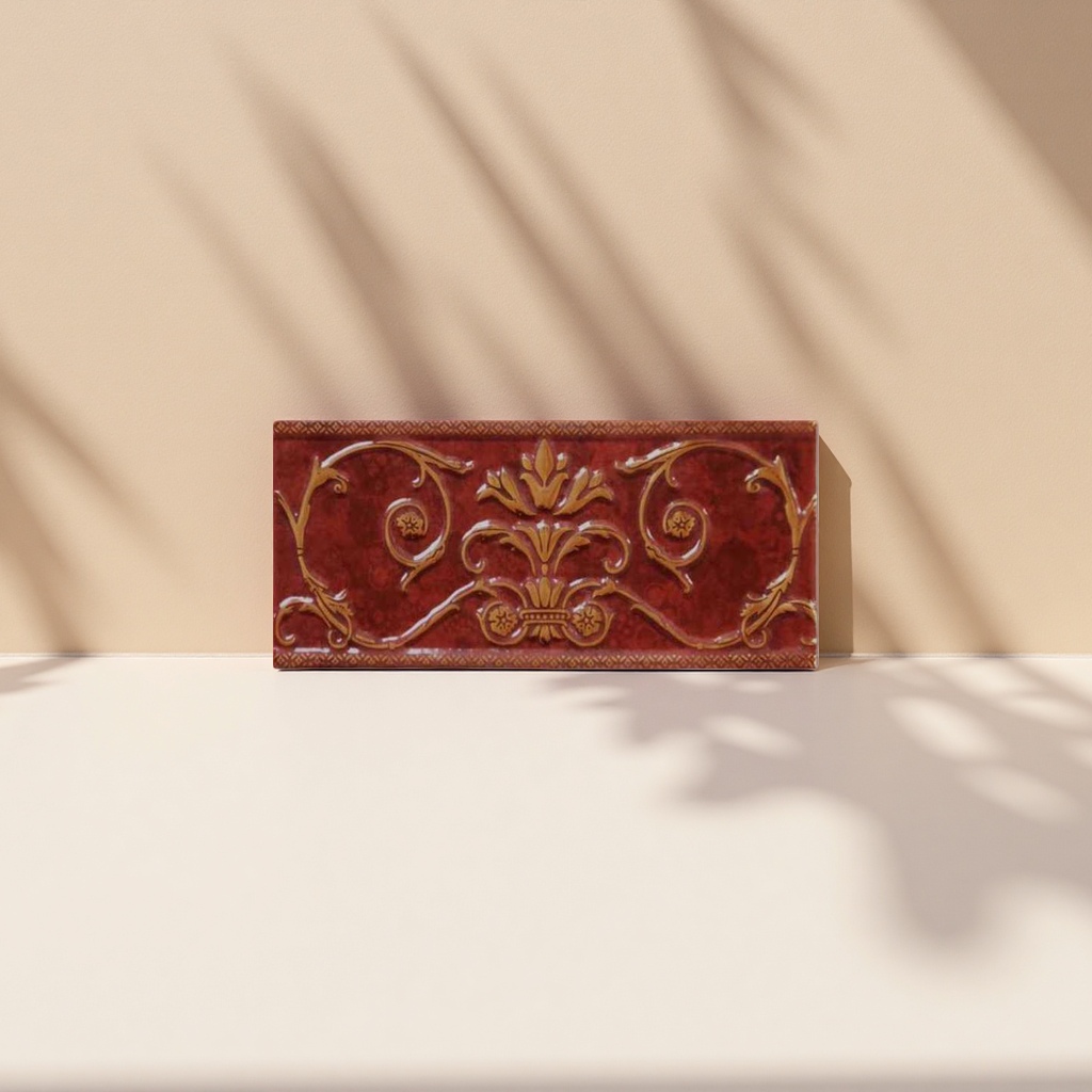 Red embossed flower tiles with golden rolled grass and flower patterns, deep red background patterns and geometric borders Application Scenario