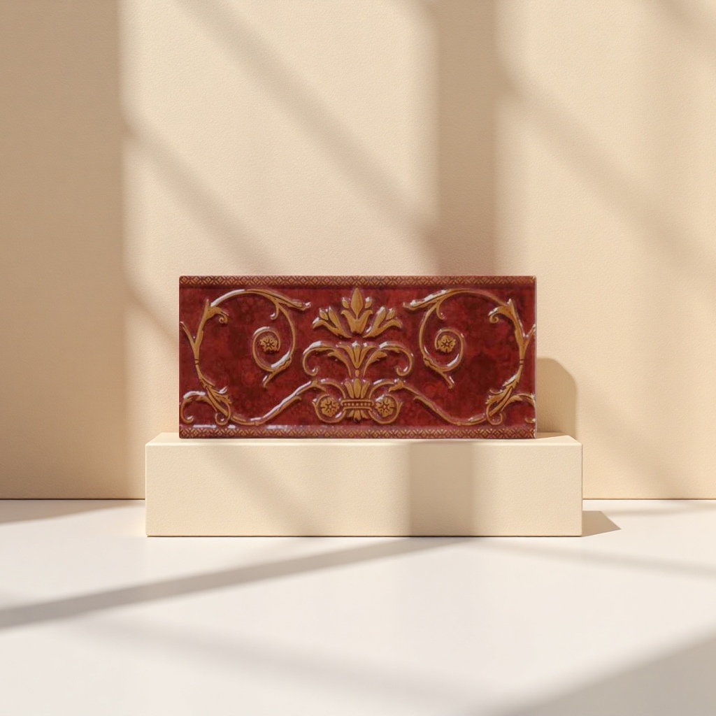 Red embossed flower tiles with golden rolled grass and flower patterns, deep red background patterns and geometric borders details Picture