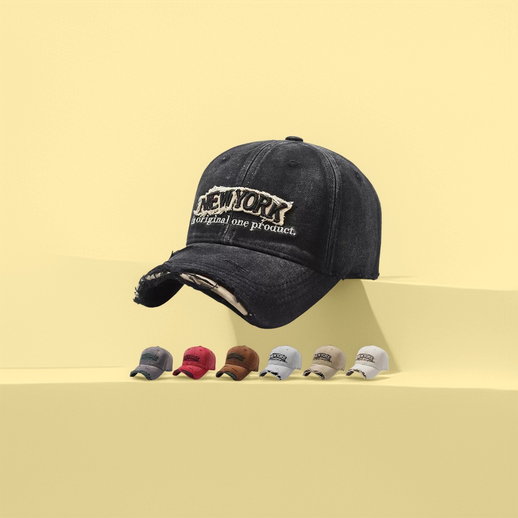黑色破洞牛仔棒球帽 帽檐撕裂露内衬 正面绣NEW YORK及is original one product标语
