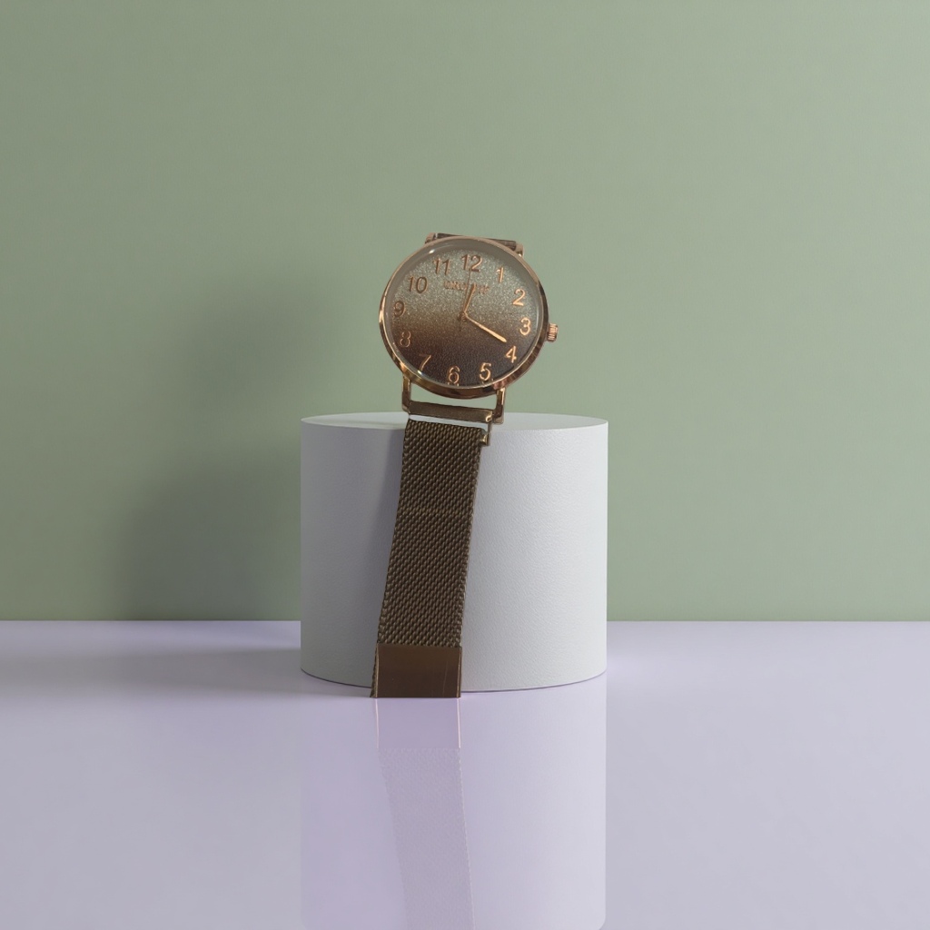 Ladies' watch with rose gold case, gradient grey dial and metal mesh strap details Picture