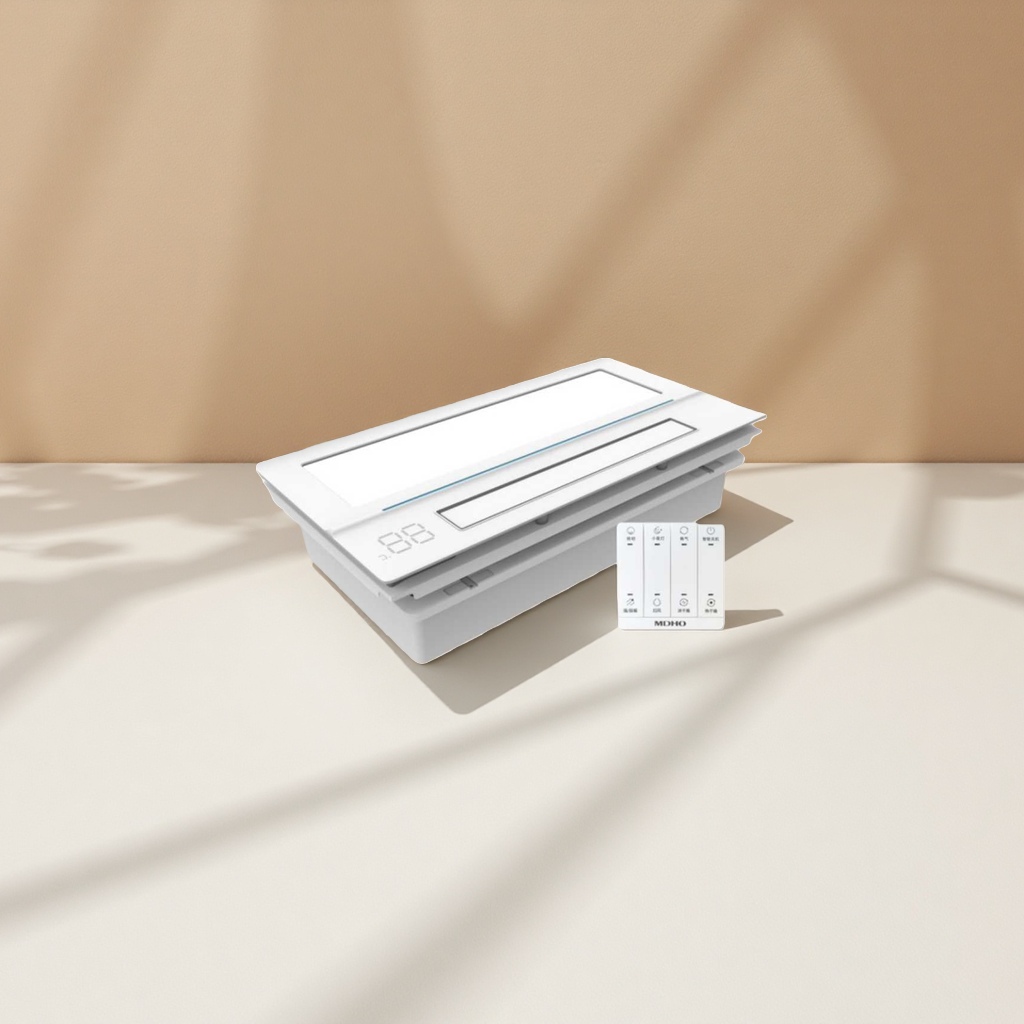 The white smart bathroom heater is equipped with an LED display screen and a control panel