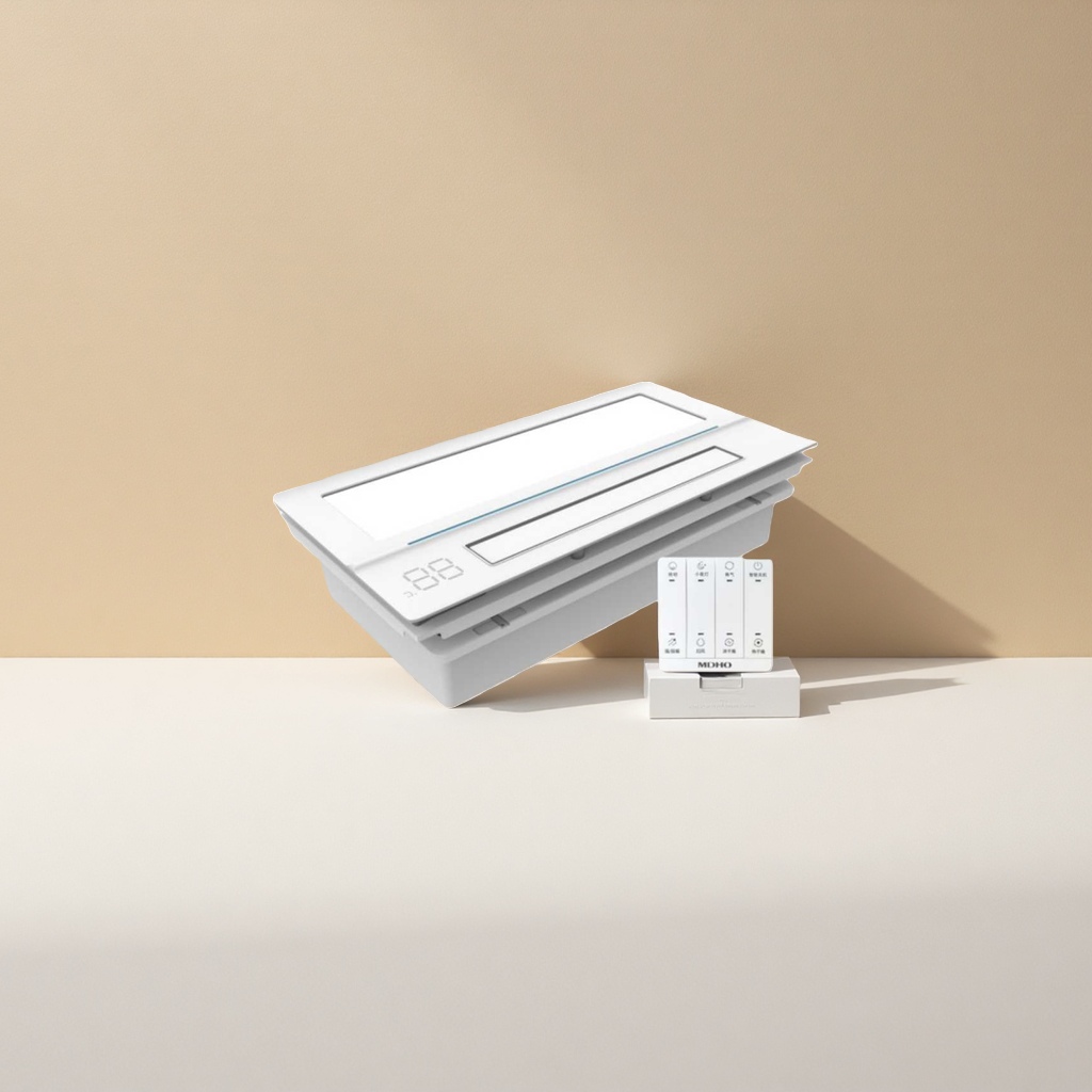 The white smart bathroom heater is equipped with an LED display screen and a control panel Specification image