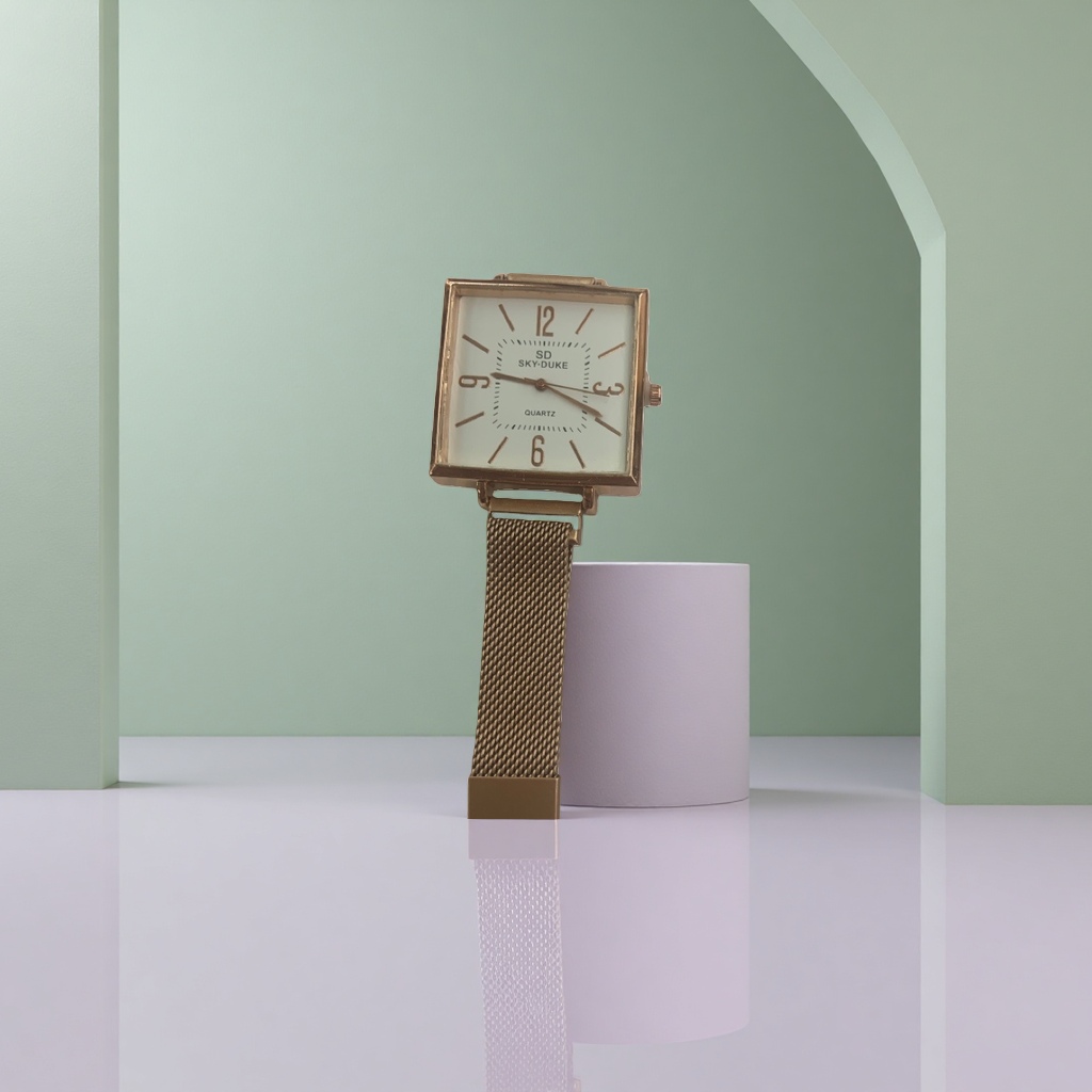 A simple and fashionable gold square quartz watch for both men and women with a genuine leather strap details Picture