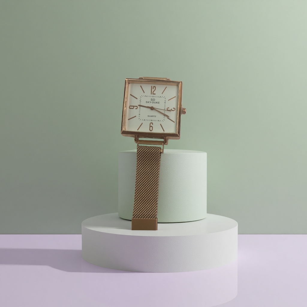 A simple and fashionable gold square quartz watch for both men and women with a genuine leather strap Application Scenario