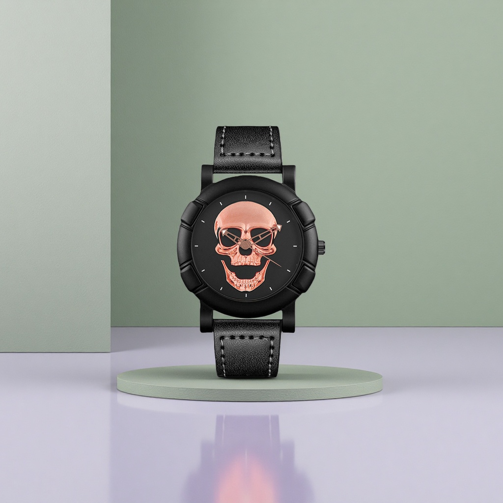 Black case skull dial mechanical watch for men, trendy and personalized wristwatch