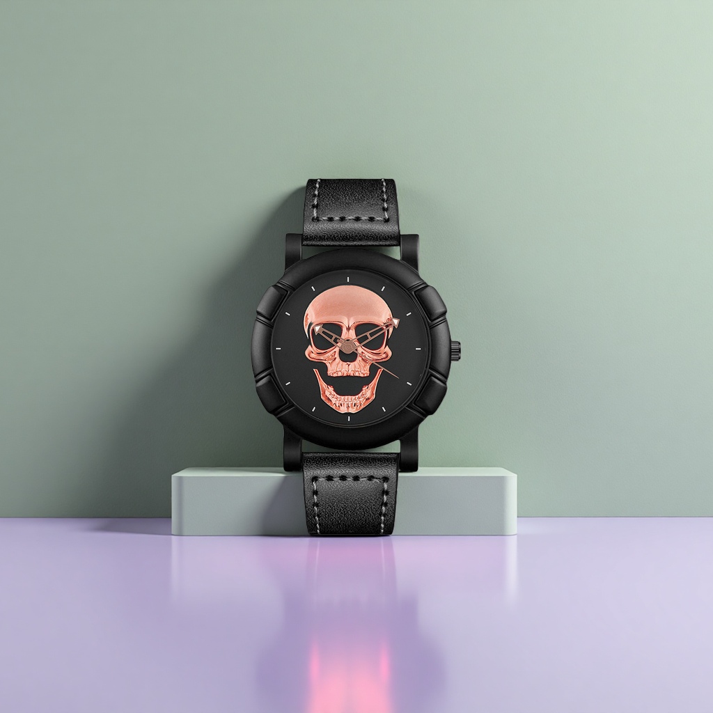 Black case skull dial mechanical watch for men, trendy and personalized wristwatch Specification image