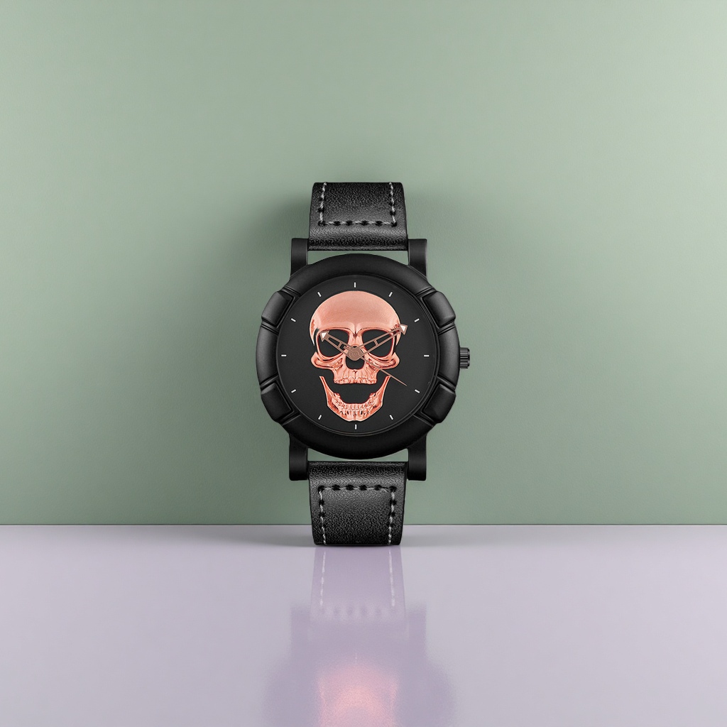 Black case skull dial mechanical watch for men, trendy and personalized wristwatch details Picture