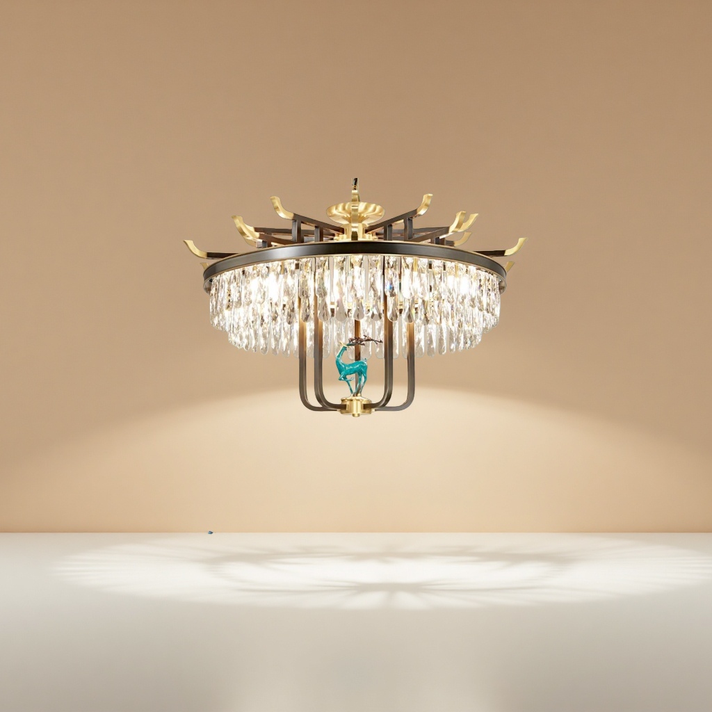 The golden crystal chandelier features a Chinese-style upturned eave design with a green deer decoration and multiple layers of water-drop crystals Application Scenario