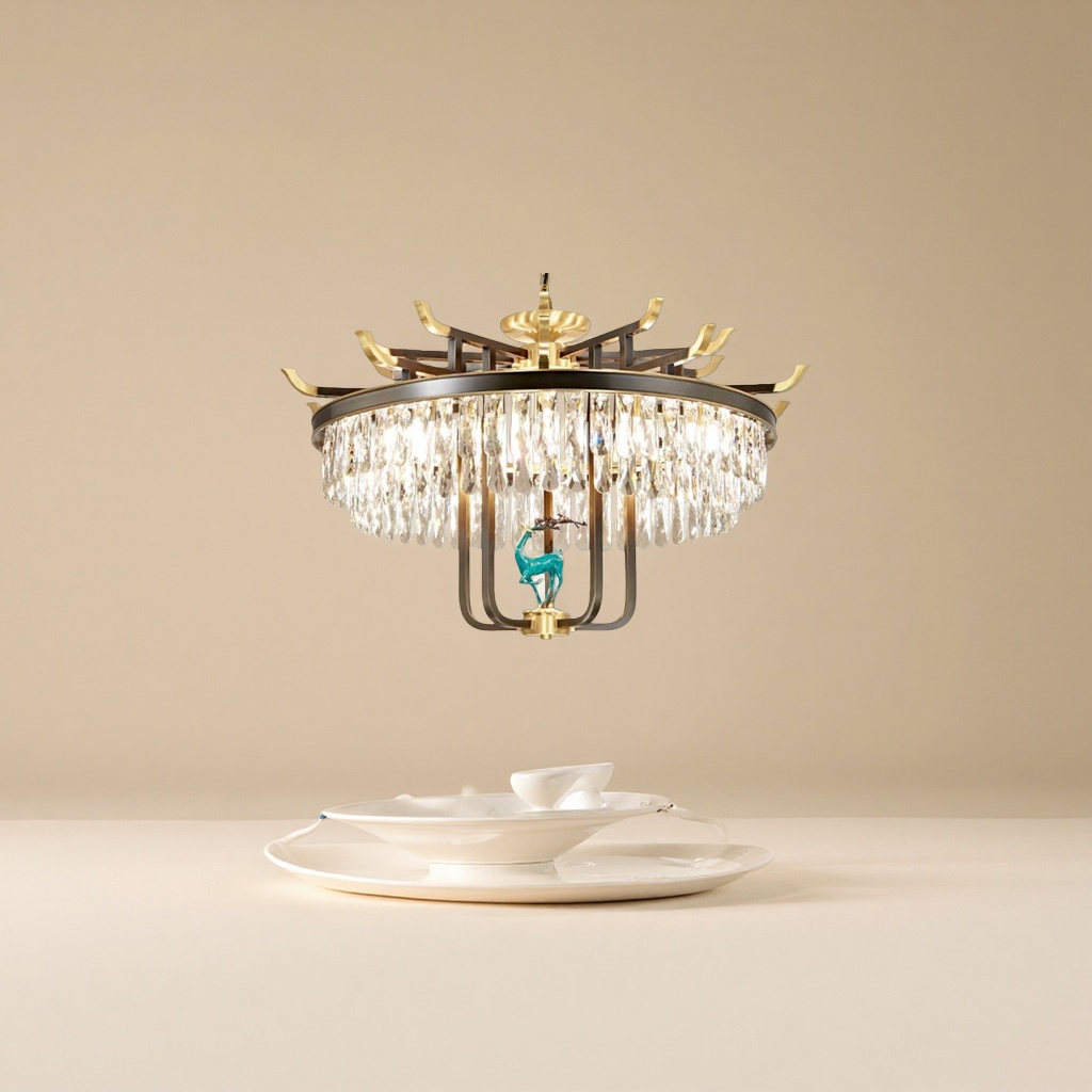 The golden crystal chandelier features a Chinese-style upturned eave design with a green deer decoration and multiple layers of water-drop crystals Specification image