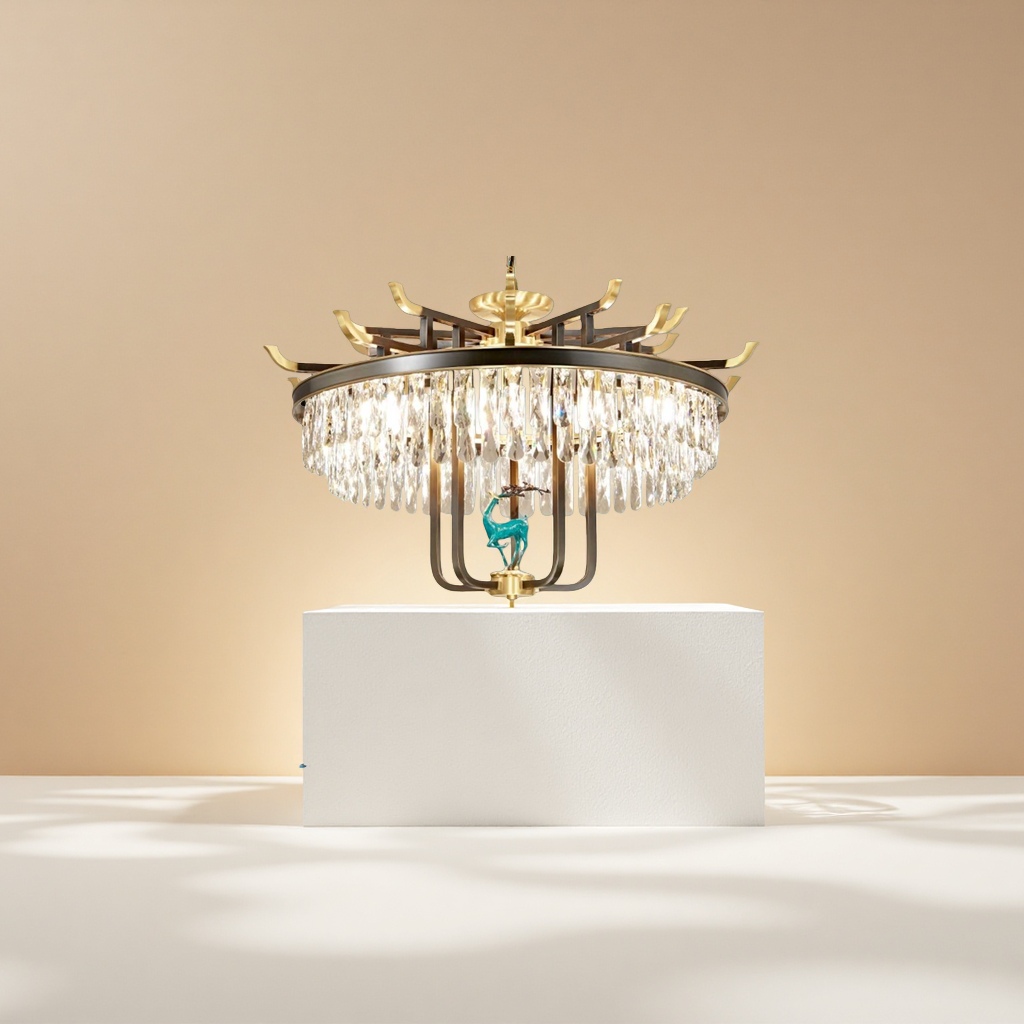 The golden crystal chandelier features a Chinese-style upturned eave design with a green deer decoration and multiple layers of water-drop crystals details Picture