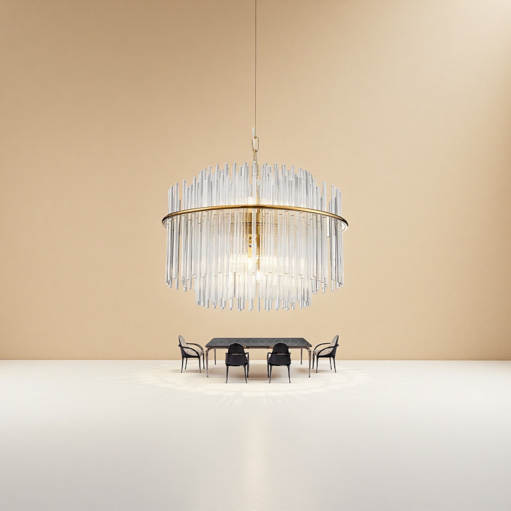 The golden circular crystal chandelier is the main light for the Nordic minimalist living room and bedroom, featuring a modern and light luxury style Application Scenario