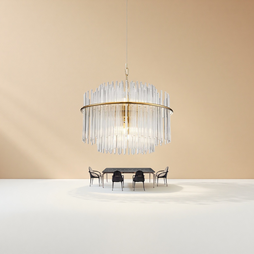 The golden circular crystal chandelier is the main light for the Nordic minimalist living room and bedroom, featuring a modern and light luxury style