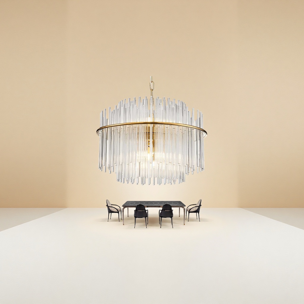 The golden circular crystal chandelier is the main light for the Nordic minimalist living room and bedroom, featuring a modern and light luxury style details Picture